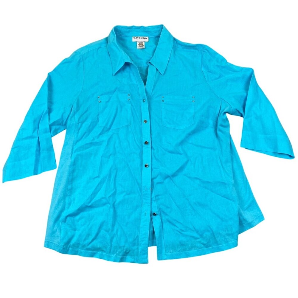 C.D. Daniels Women's Linen Blend Blouse XL Turquoise Button-Up 3/4 Sleeve Shirt